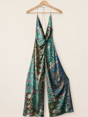 ZARA Patchwork Satin Wide Leg Jumpsuit Boho Paisley Floral Cami Palazzo Romper